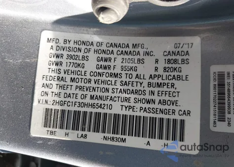 2017 Honda Civic Ex-T from USA, damaged, VIN 2HGFC1F30HH654210